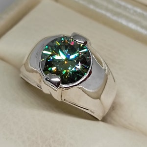 5 Carat Round Cut Natural Green Moissanite Diamond Mens Engagement Ring Pure Sterling Silver 925 Ring Handmade Real Diamond Ring