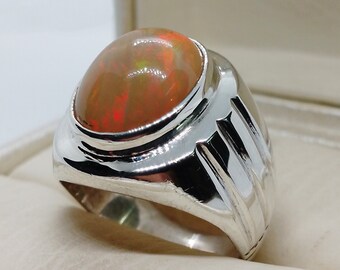 Big Oval Cut Natural Fire Opal Sterling Silver 925 Ring Handmade Fire Opal Ring, Rare and Real Opal, Gift for him