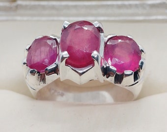 Natural Three Afghan Red Ruby Mens Ring Sterling Silver 925 Handmade Yaqoot Ring