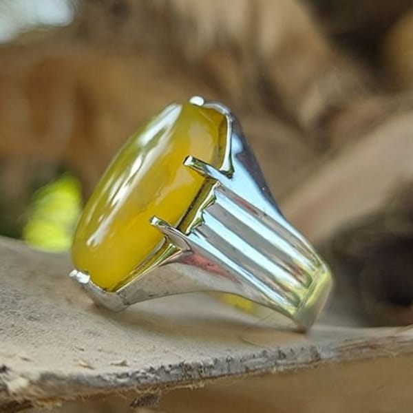 Natural Yellow Aqeeq Imran Khan Style Sterling Silver 925 Handmade Ring, Yellow Agate Ring, Zard Aqeeq Beautiful Ring