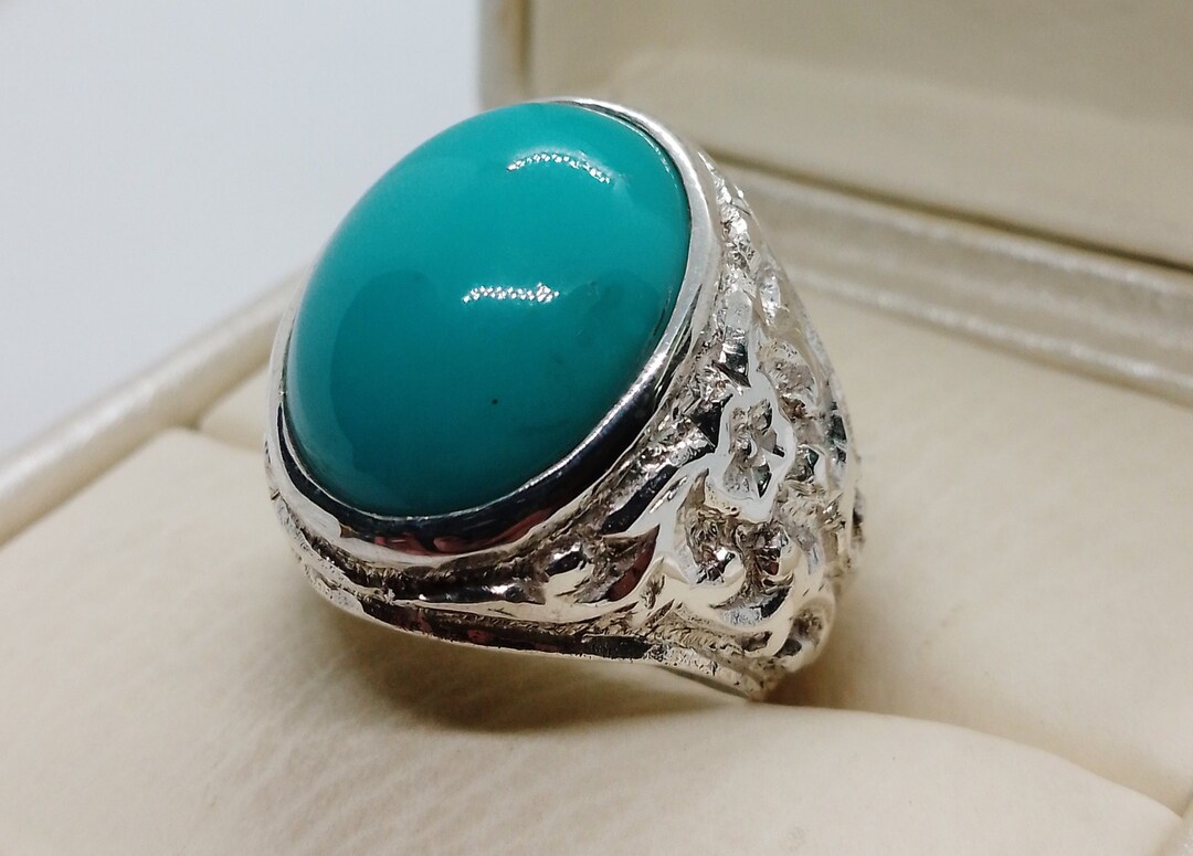 Natural Big Oval Cut Turquoise Sterling Silver 925 Feroza Handmade Ring ...