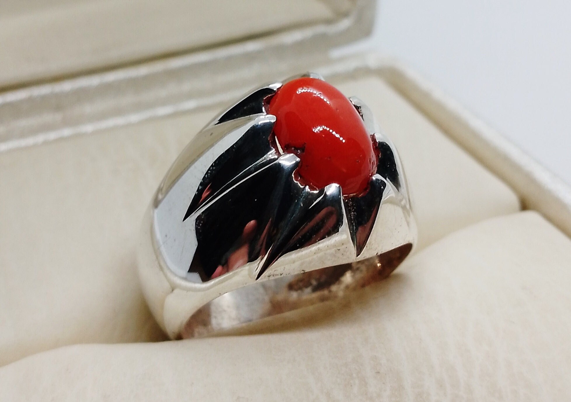 Natural Deep Red Coral Sterling Silver 925 Handmade Ring Marjan Ring Australian Real Coral Ring, Gift for him