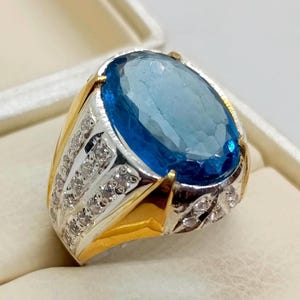 Anello in argento sterling 925 con topazio blu di Londra da 30 carati, fatto a mano, di alta qualità, taglio ovale, di lusso, anello di fidanzamento, regalo per lui