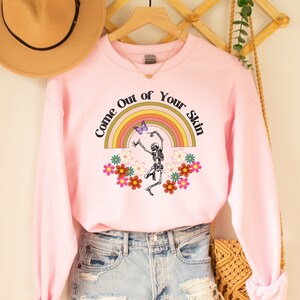 Witty Skeleton &quot;Come Out of Your Skin&quot; Retro Halloween Crewneck, Vintage Floral Skeleton Halloween Sweatshirt, Retro Fall Crewneck