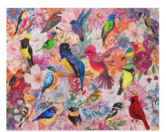May include: A colorful jigsaw puzzle featuring a variety of birds with vibrant plumage, set against a backdrop of pink, purple, and blue flowers.
