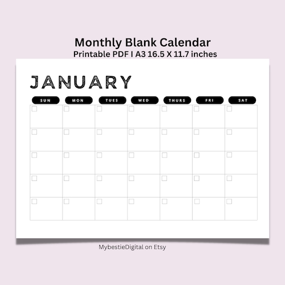 Blank Undated Monthly Calendar Printable Landscape Minimalist - Etsy