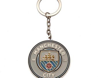 Manchester Man City NEW DESIGN Crest Keyring Keychain Pin Badge Set 