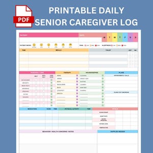 Seniors Caregiver Daily Log Printable, Eldercare Caregiver, Patient Care Log Sheet Care giver Page for Notes, Senior Care Tracker, PDF