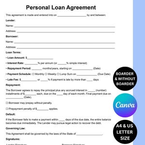 Personal Loan Agreement One Page, Printable Promissory Note, Editable Loan Contract Template Canva, Instant Download, WORD, Docs, PDF