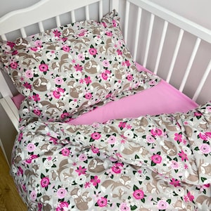 Cotton Bedding Set Fox with flowers, Soft Cotton Nursery Duvet Cover