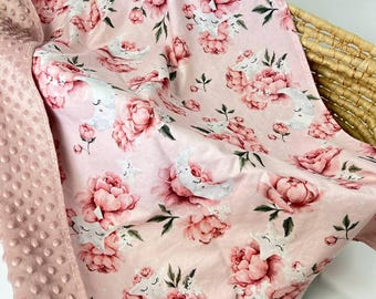 Peonies Pink Cotton Baby Blanket,Flower Cotton+Minky Blanket Ready to ship, free shipping