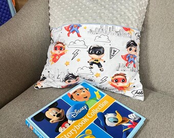Pillow Book Pocket Pillow for Boy Superhero Cotton+ Minky Dot Cover - Reading Pillow Cover with Pocket - Reading Cushion - Travel Pillow