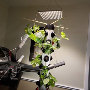 Op de afbeelding: Een verticaal hydroponisch tuinsysteem met een witte toren en rode potten. De toren is omgeven door groene planten en wijnstokken. Het systeem wordt verlicht door een vierkante LED-groeilamp en twee flexibele LED-groeilampen.