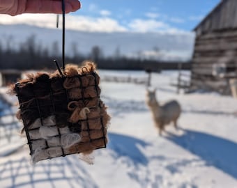 Alpaca Bird Nesting Fibers Filled Suet Cage - Raw Natural Fleece