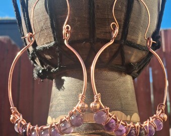 Handcrafted Large Pure Copper Hoop Amethyst Crystal Earrings