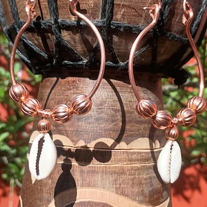 Large Pure Copper Beaded Cowrie Shell Hoop Earrings image 1