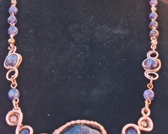 Center Raw Amethyst and Beaded Copper Wire Wrapped Crystal Necklace