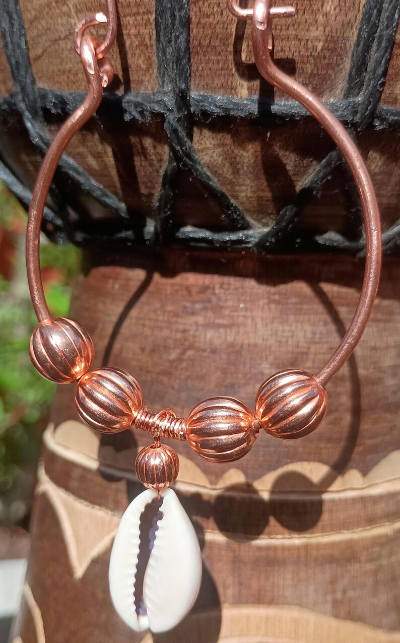 Large Pure Copper Beaded Cowrie Shell Hoop Earrings image 2