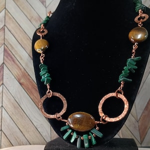 Large Tiger Eye Malachite Hammered Copper Necklace