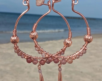 Strawberry Quartz Large Solid Copper Drop Hoops