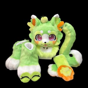 Cute Green Apple Cat Fursuit Head, Furry  Pre-Made Fur Head + Paw + Tail + Feet, Furry Cosplay,Fantasy Creatures, Cat Fursuit Head