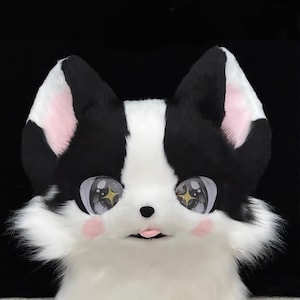 Fursuit Head, Furry Pre-Made Fur Head, Furry Cosplay, &quot;Black pink ears cat head&quot; Fantasy Creatures, Cute Furry Mask Head