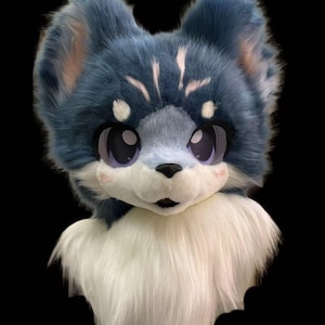 Cute Blue Cat Fursuit Head, Furry Pre-Made Fur Head, &quot;Blue Cat&quot; Furry Cosplay, Kitty Fantasy Creatures, Cute Cat Fursuit Head