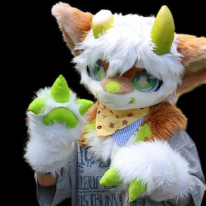 Broken Horn Cyan Dragon Fursuit Head + Claw, Furry  Pre-Made Fur Head, Furry Cosplay,Fantasy Creatures