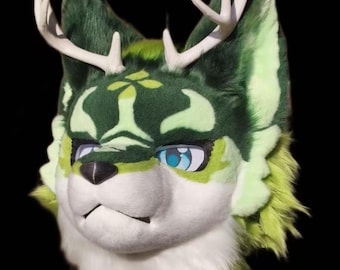 Fursuit Head Only,Green Deer DragonFurry Cosplay,Fantasy Creatures, Forest deer Fursuit Head