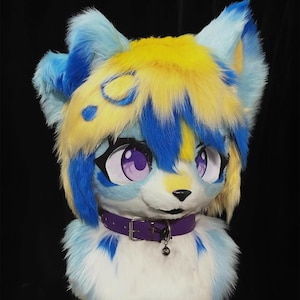 Cute Cat Fursuit Head, Only Fursuit Head &quot;Blue and Yellow Cat&quot; Fantasy Creatures, Furry Pre-Made Fur Head, Cat Furry Cosplay,  Cute Cat Head