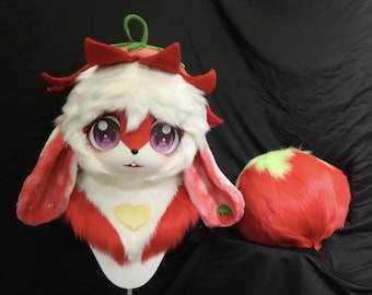 Fursuit Head And Tail,Strawberry Lop Rabbit Furry Cosplay,Fantasy Creatures, Bunny Fursuit Head