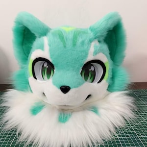 Fursuit Head, Furry  Pre-Made Fur Head, Furry Cosplay, &quot;Mint Green Dragon&quot; Fantasy Creatures, Cute Furry Mask Head