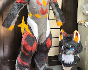 Kemono Style Cool Black Dog Puppy Fursuit Fullsuit – Custom Anthro Dog Fursuit with Curved Legs – Made to Order Furry Costume Commission