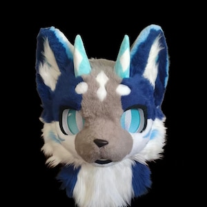 Fursuit Head, Furry  Pre-Made Fur Head And Claw, Furry Cosplay, Blue Two-horned Dragon Fantasy Creatures, Cute Furry Mask Head