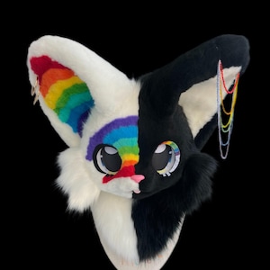 Rainbow Bunny Fursuit Head, Kemono Furry Pre-Made Head, Furry Cosplay, Fantasy Creatures, Cute Rabbit Fursuit Head