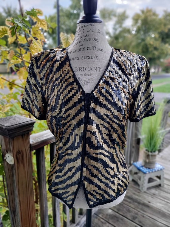 80s Vintage Reggio Women's Gold and Black Sequined