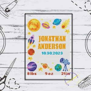 Birth Announcement Cross Stitch Pattern Digital Downloadable PDF Space Cross Stitch Modern Cross Stitch Sampler Boy Girl Nursery Baby Shower