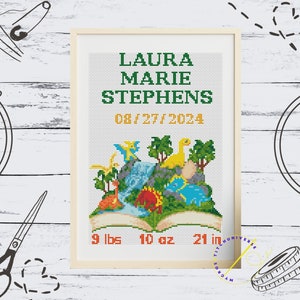 Birth Announcement Cross Stitch Pattern Dino Island Digital Cross Stitch Personalized Modern Embroidery Dinosarus Design Boy Girl Nursery