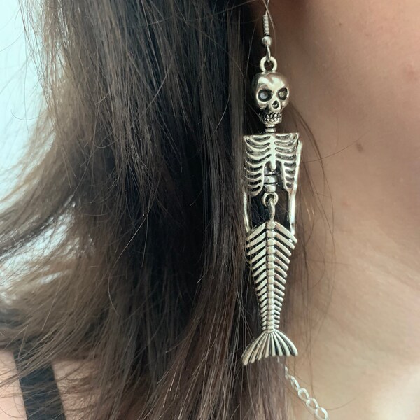 Jointed large mermaid skeleton earrings on stainless steel earring hooks