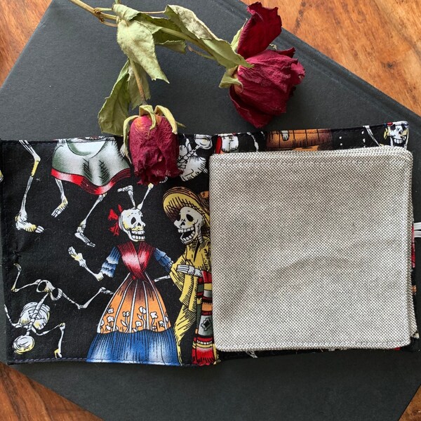 Earring storage book, Stud earring book in dancing skeleton fabric with linen pages