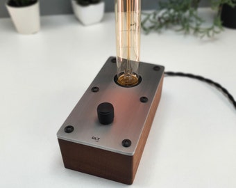 Lampe Edison en bois/aluminium, style industriel rétro minimaliste, lampe de table de bureau, cadeau personnalisé pour lui