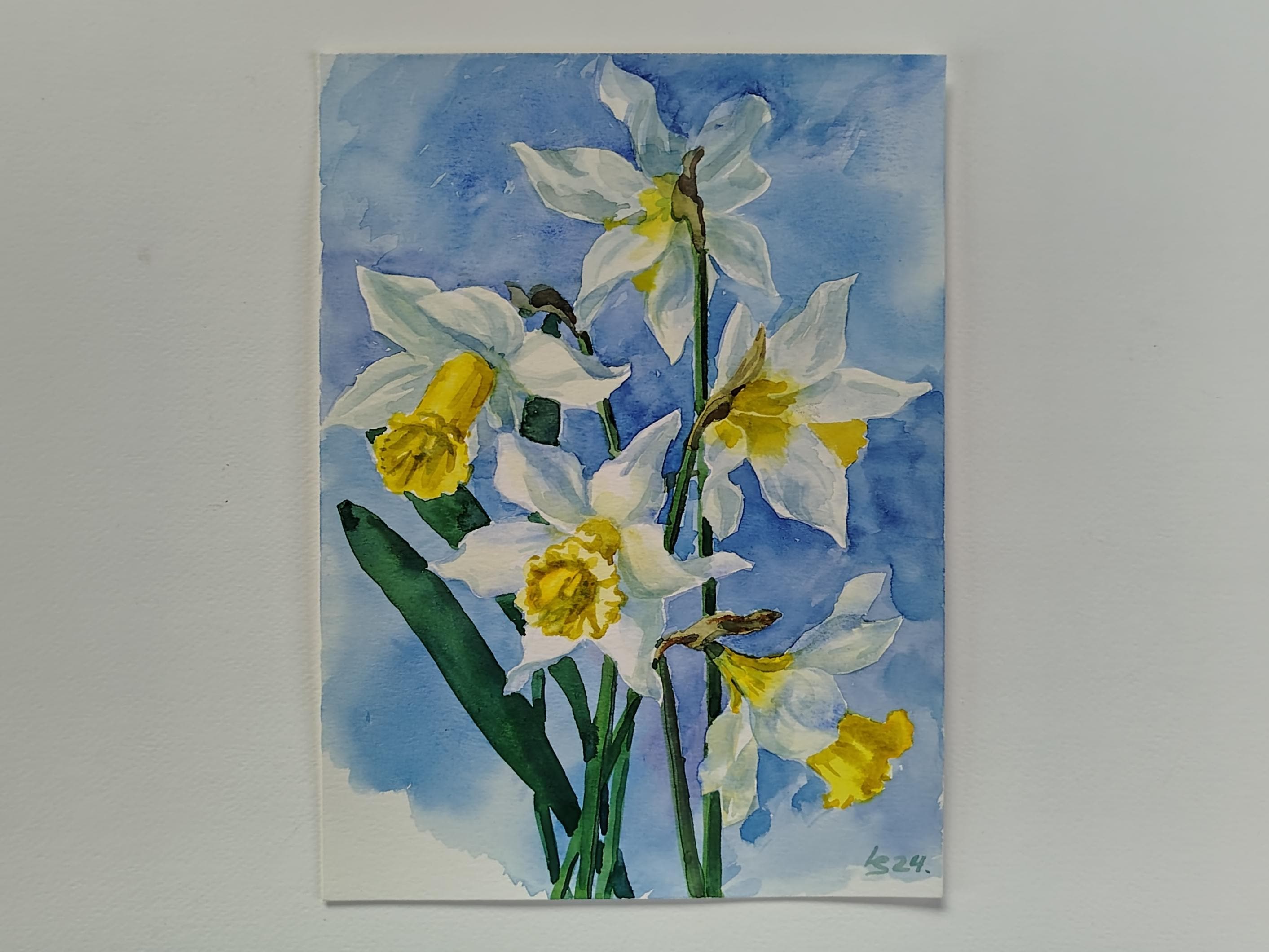水仙の絵画：オリジナルの春の花の水彩画 - Etsy 日本