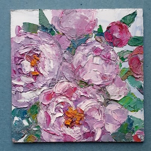 Pintura de peonía, obra de arte floral original, pintura al óleo empastada, arte mural pequeño de 6 x 6 pulgadas, arte floral rosa original, arte mural estilo cottagecore de LilleArtBerg