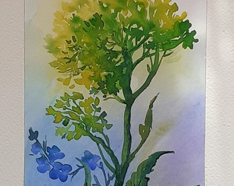 Yellow Wildflower Painting Original Watercolor Painting Floral Artwork Yellow Flower Wall Art Lover Gift 5x7 by LilleArtBerg