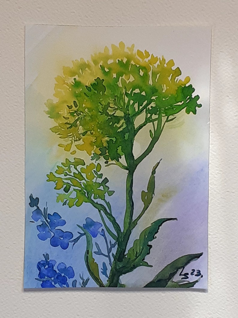 Yellow Wildflower Painting Original Watercolor Painting Floral Artwork Yellow Flower Wall Art Lover Gift 5x7 by LilleArtBerg image 1