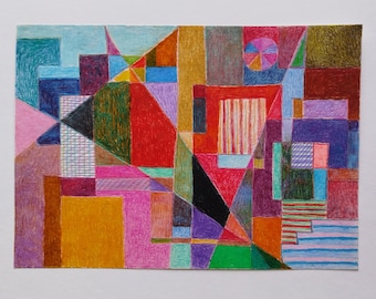 Original Abstract Wall Art A4, Pencil & Oil Pastel Drawing, Geometric Urban Abstract Artwork