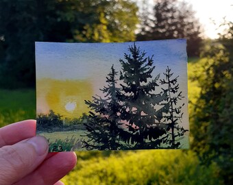 « Peinture coucher de soleil ACEO Original Art aquarelle peinture paysage oeuvre d&#39;art aquarelle à la main » par LilleArtBerg