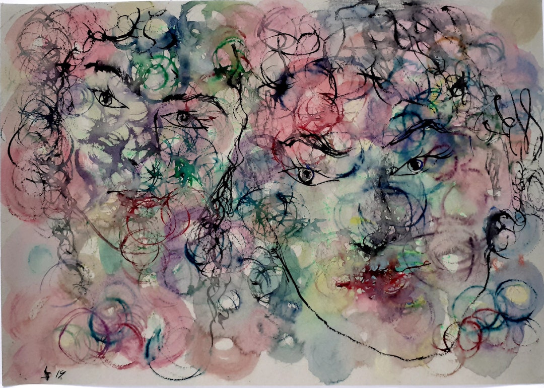 Abstract Man Woman Painting A3 Original Art Work Colorful Watercolor ...