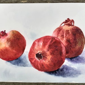 Pomegranate Painting A4 Original Art Work Red Fruit Watercolor Small Painting Original Handmade Watercolor by LilleArtBerg