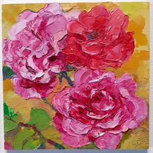 Pintura de rosas empastadas, obra de arte original de 6 x 6, arte de pared, obra de arte floral, pequeña pintura al óleo, arte de flores rosas del vendedor de Etsy LilleArtBerg